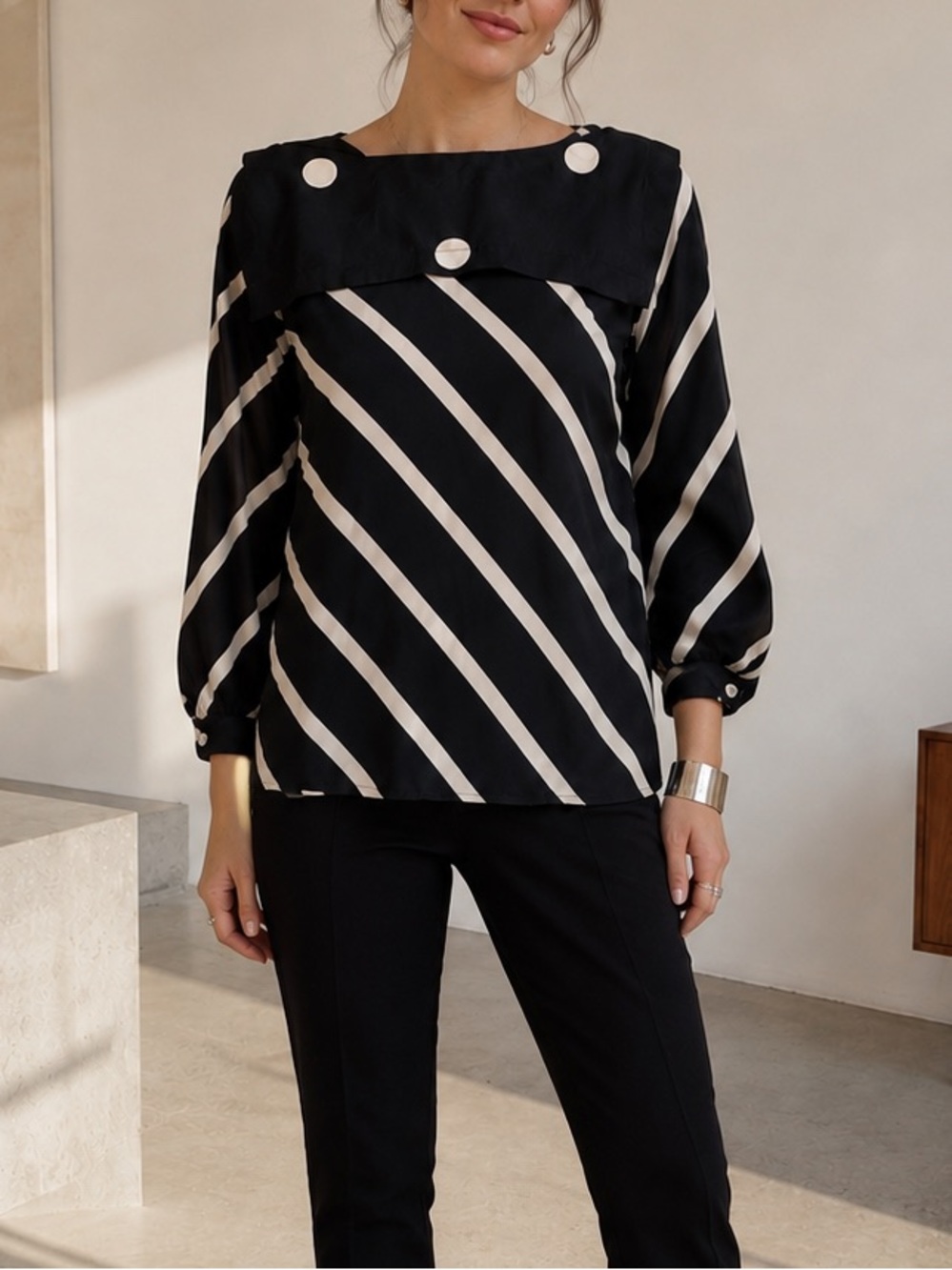 Vintage 80s 100% Silk Black White Stripe Sailor Collar Blouse Alfred Sung Bold